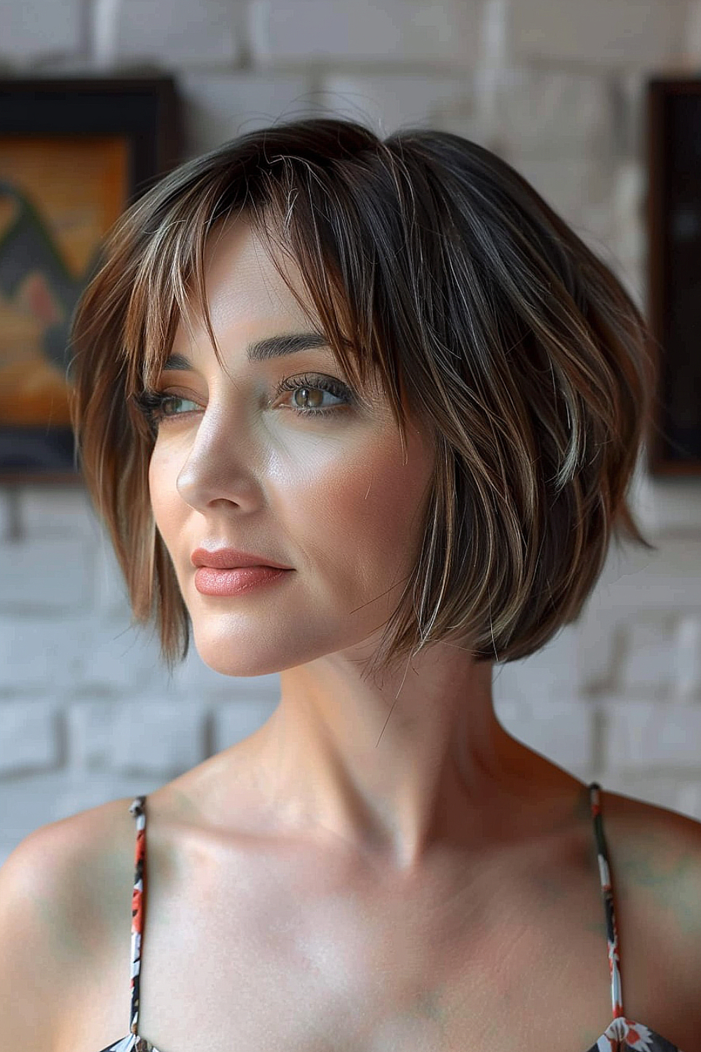 A woman with a short razor-cut bob hairstyle, featuring soft balayage highlights