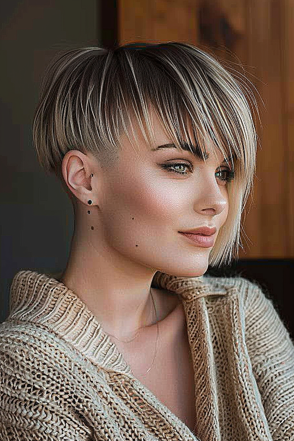 Razor cut bob with soft undercut and wispy bangs