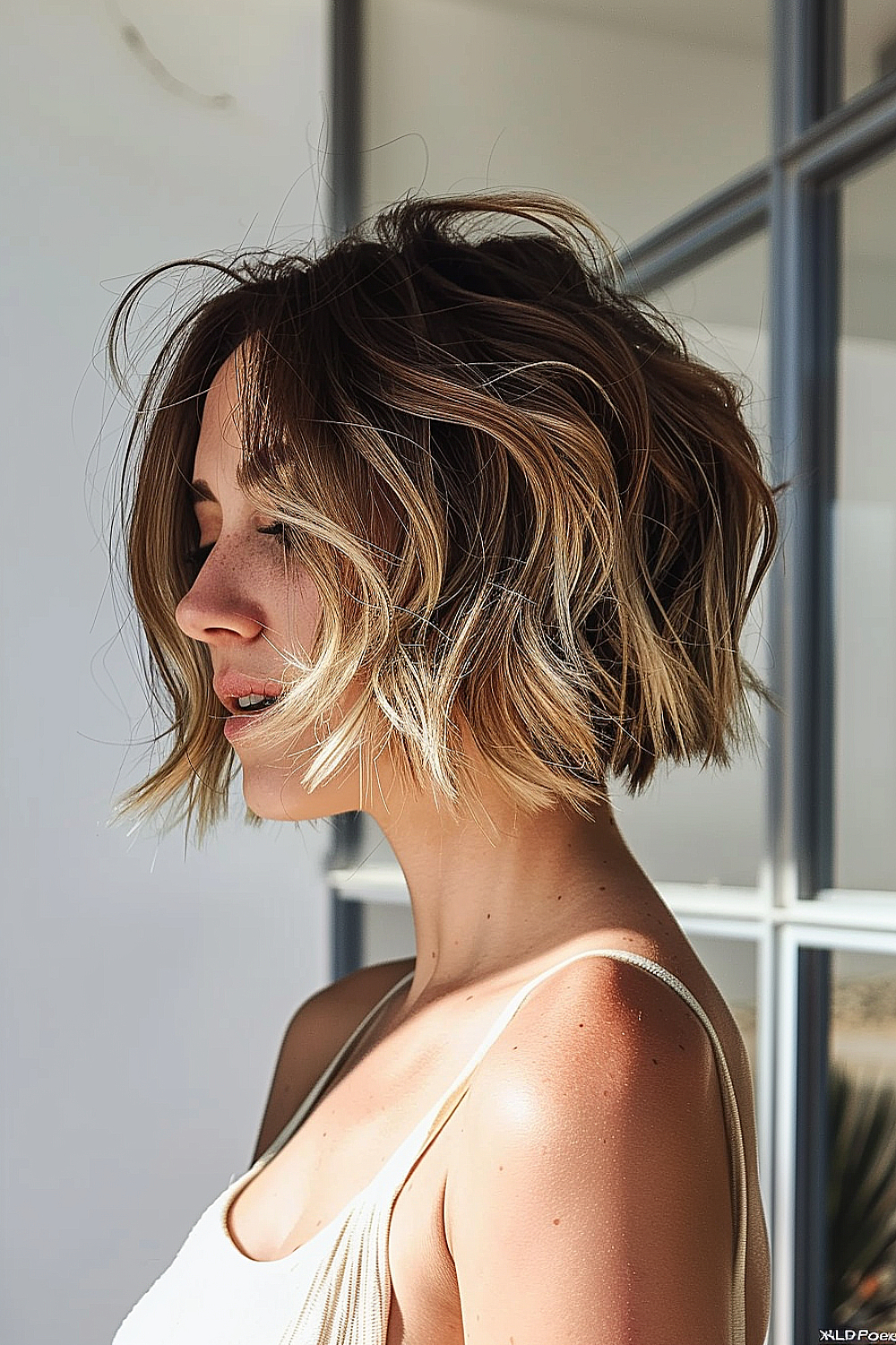 Razor cut bob with tousled waves and layered texture