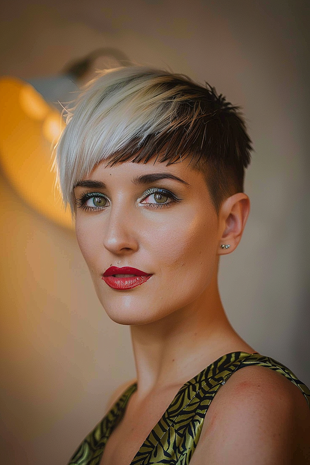 Woman with an edgy razor-cut pixie and contrasting asymmetrical bangs in platinum and dark tones.