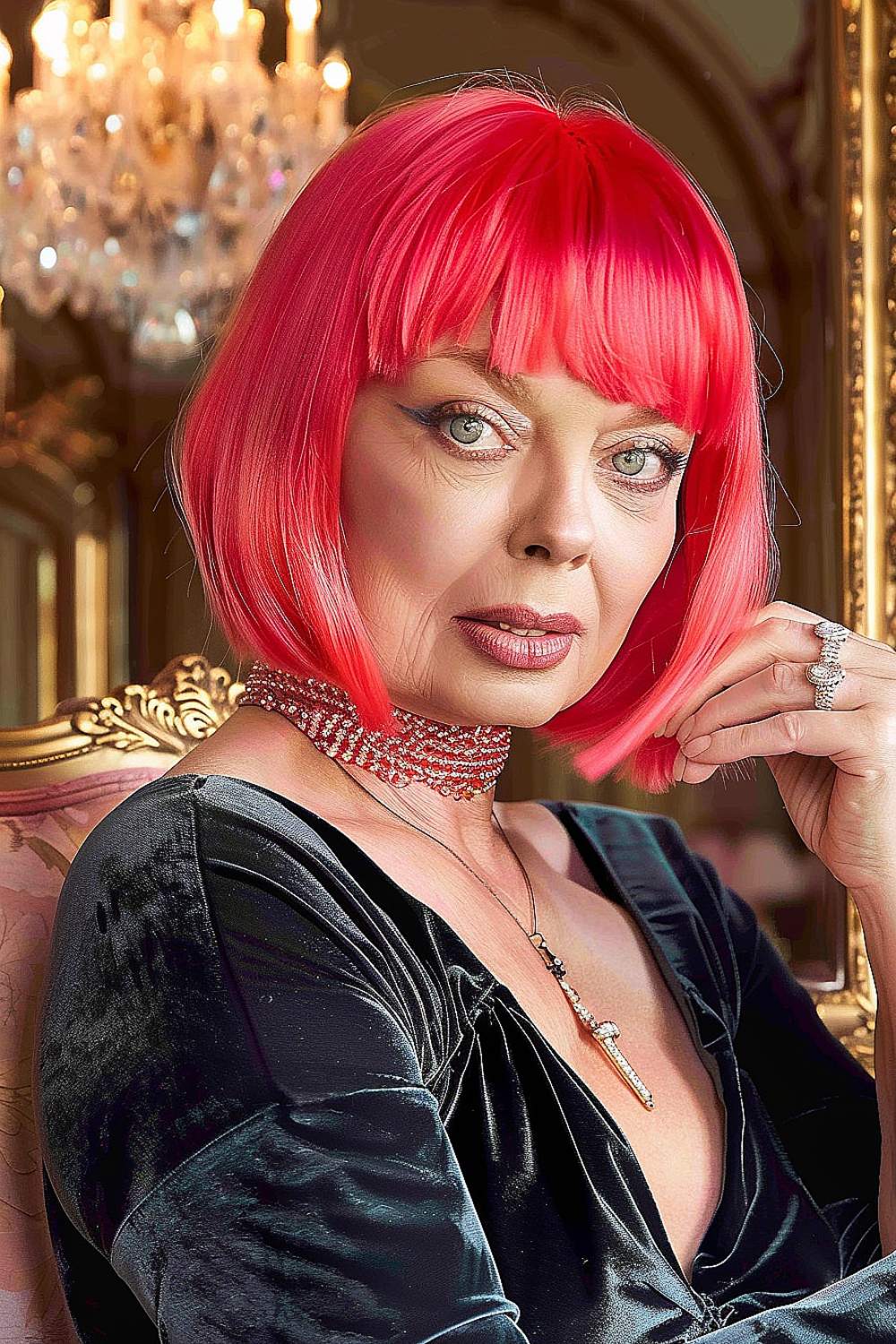 Woman with a ruby-red bob and full bangs