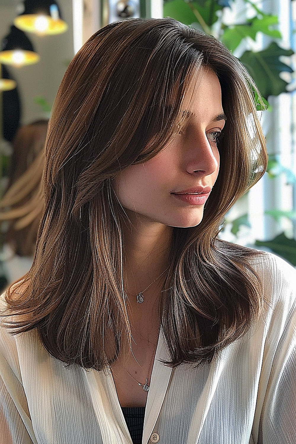 Woman with refreshed mid-length layered haircut