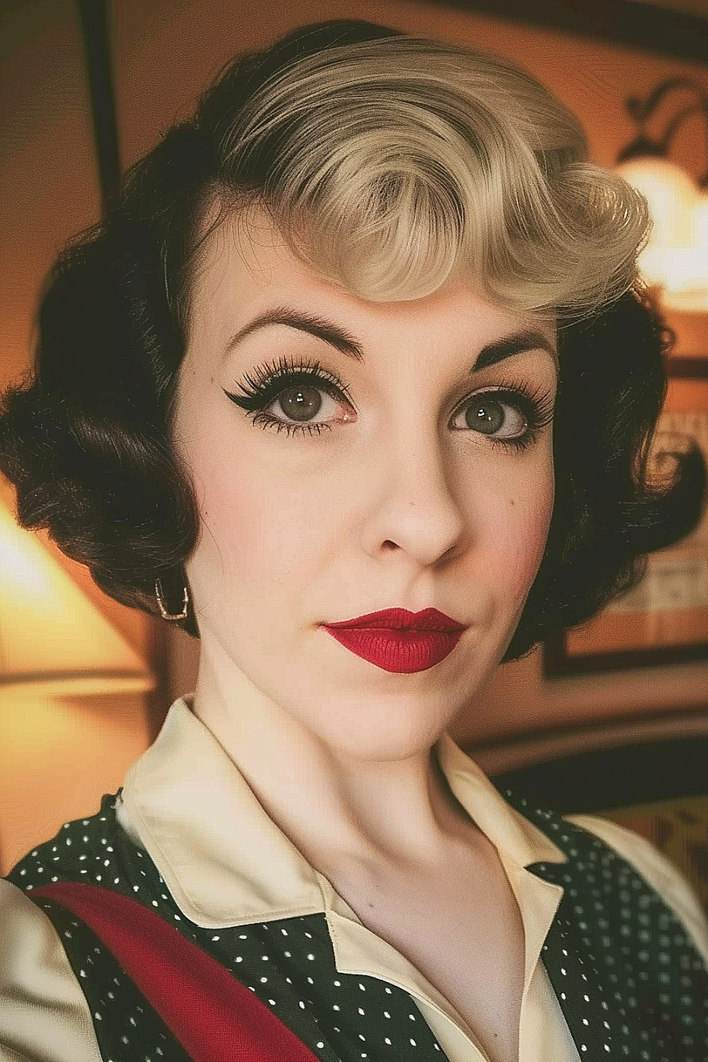 Woman with a retro bob and pin-up bangs in glossy black, embodying 1950s glamour