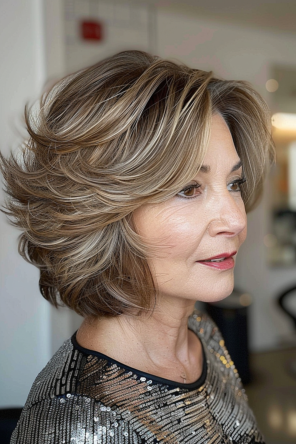 Woman with a voluminous, retro-inspired feathered haircut with glossy highlights