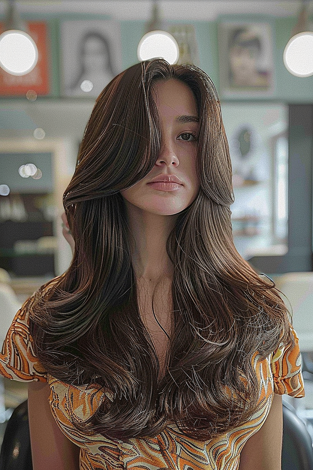 A woman with voluminous long layers and flipped ends in a rich brunette color