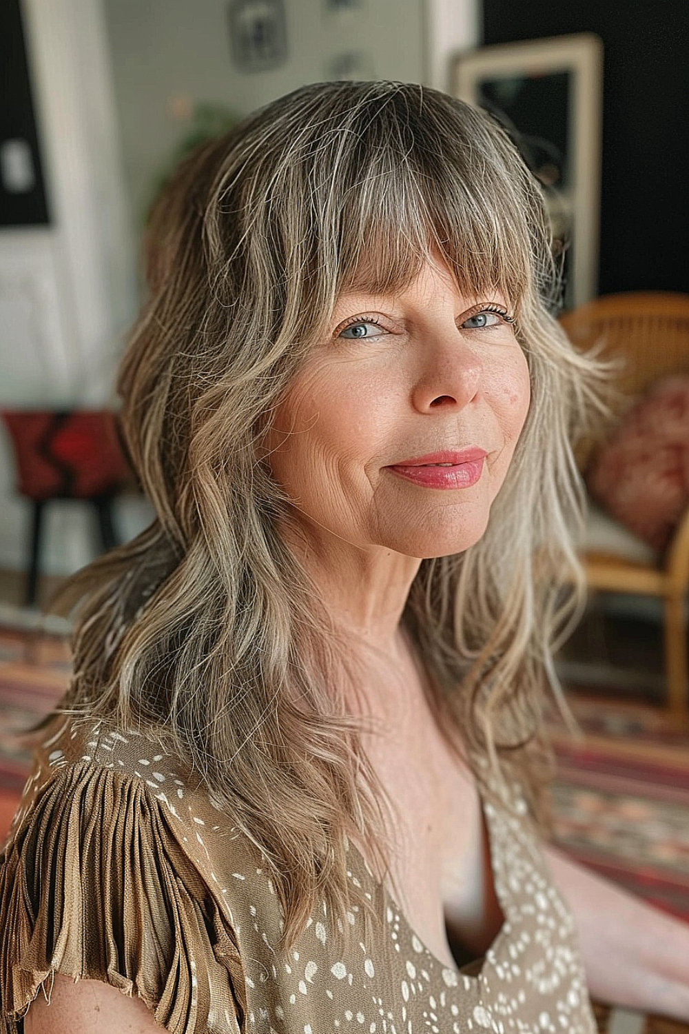 Woman over 60 with a retro-inspired medium shag and wispy bangs in natural grey