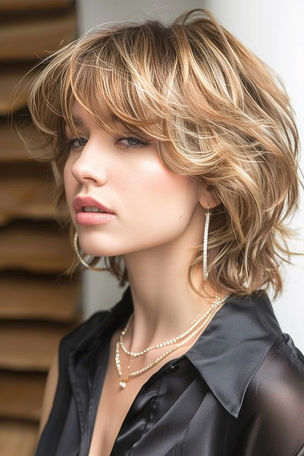 Woman with a retro-inspired shag haircut with tousled waves and warm blonde highlights