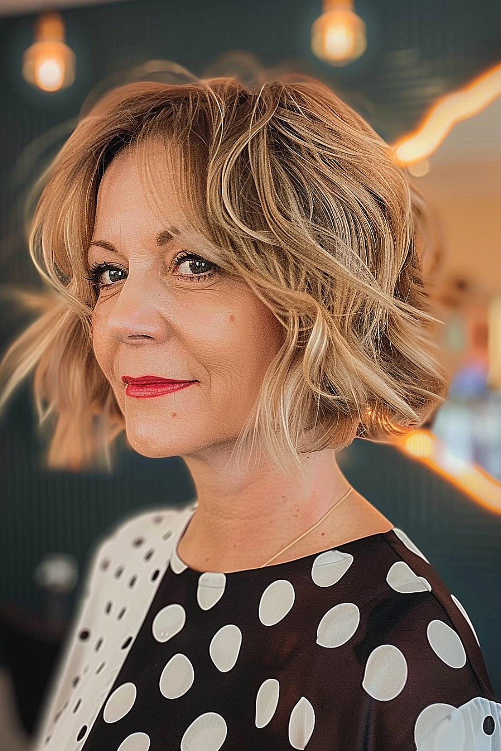 A woman with a retro-inspired wavy bob, featuring soft waves and blonde tips