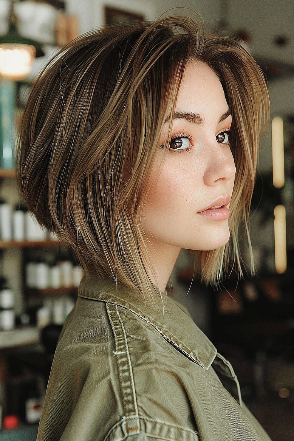 A woman with a modern reverse bob, longer in the back with gradual shortening towards the front and caramel highlights