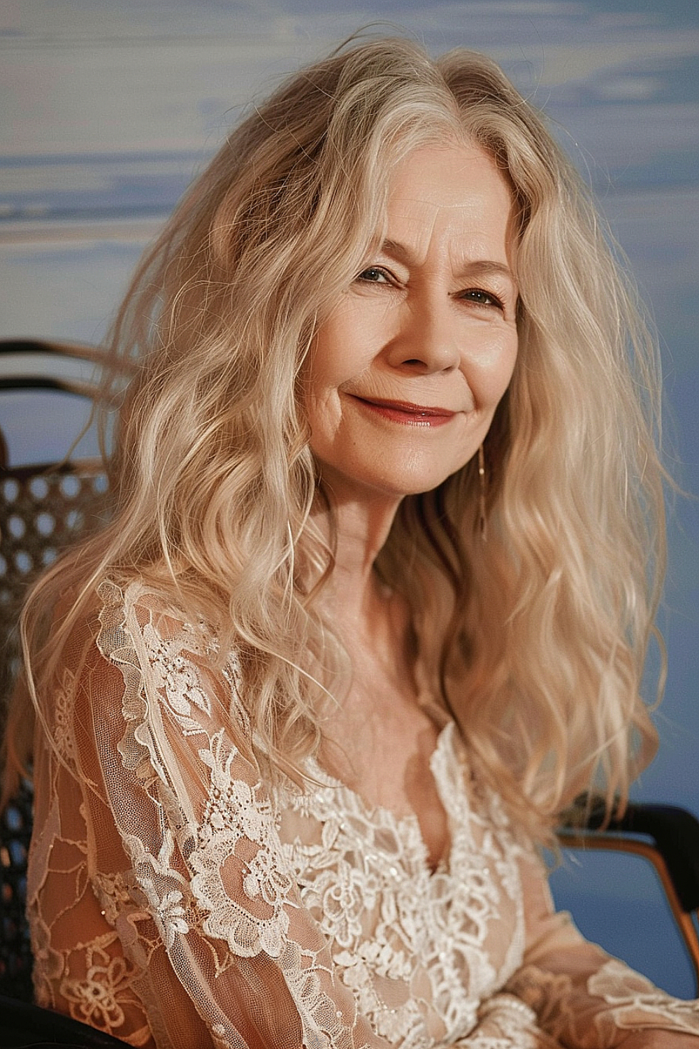 Woman over 70 with romantic medium-length silver waves