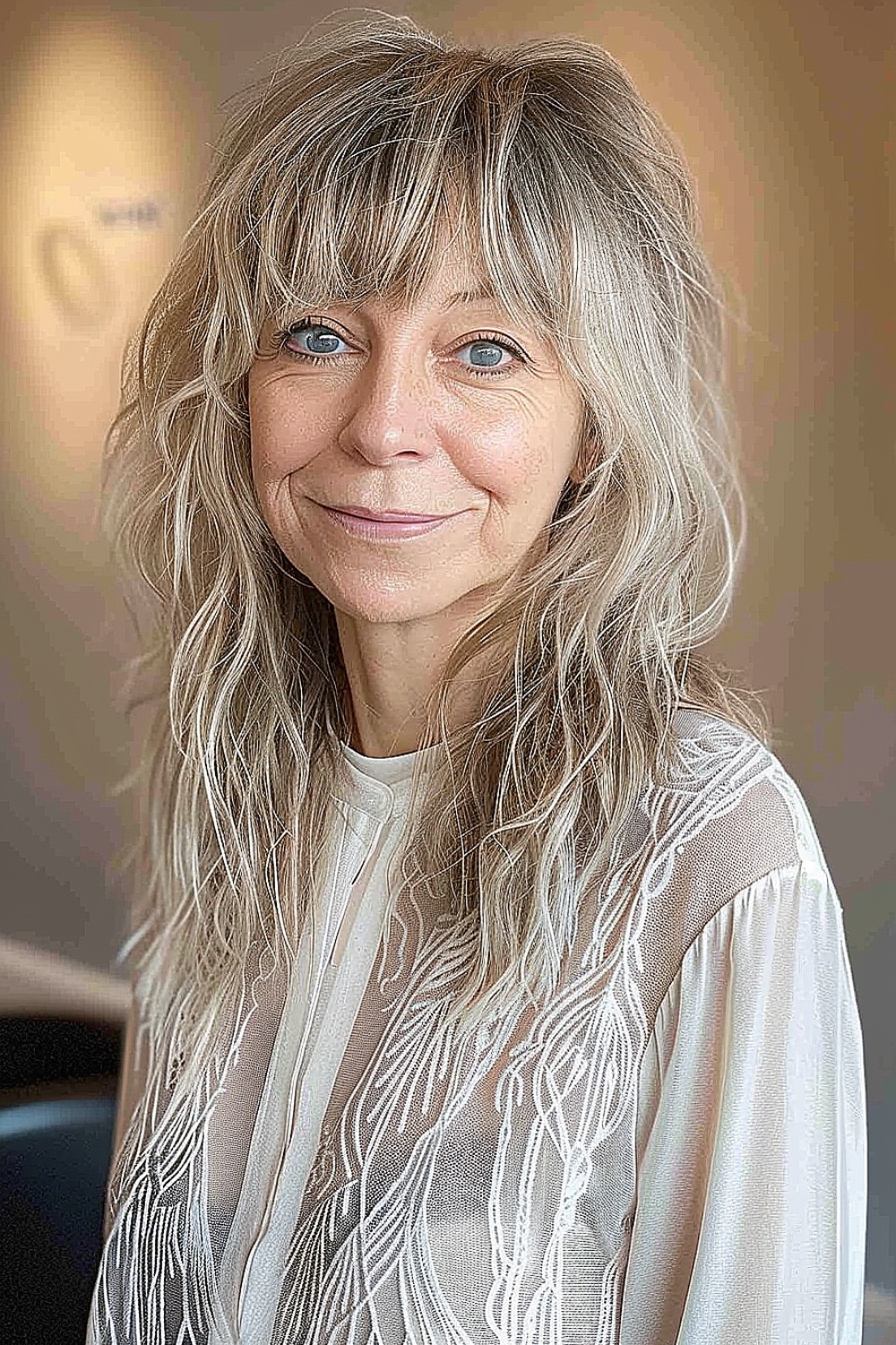 Romantic shag haircut with soft bangs and textured ends on a woman over 70.