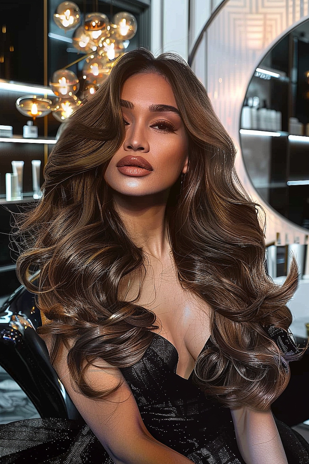 Soft romantic curls with a rich chocolate-brown color for evening events