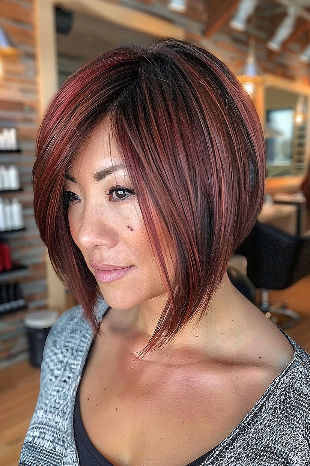 Rounded inverted bob with burgundy shades