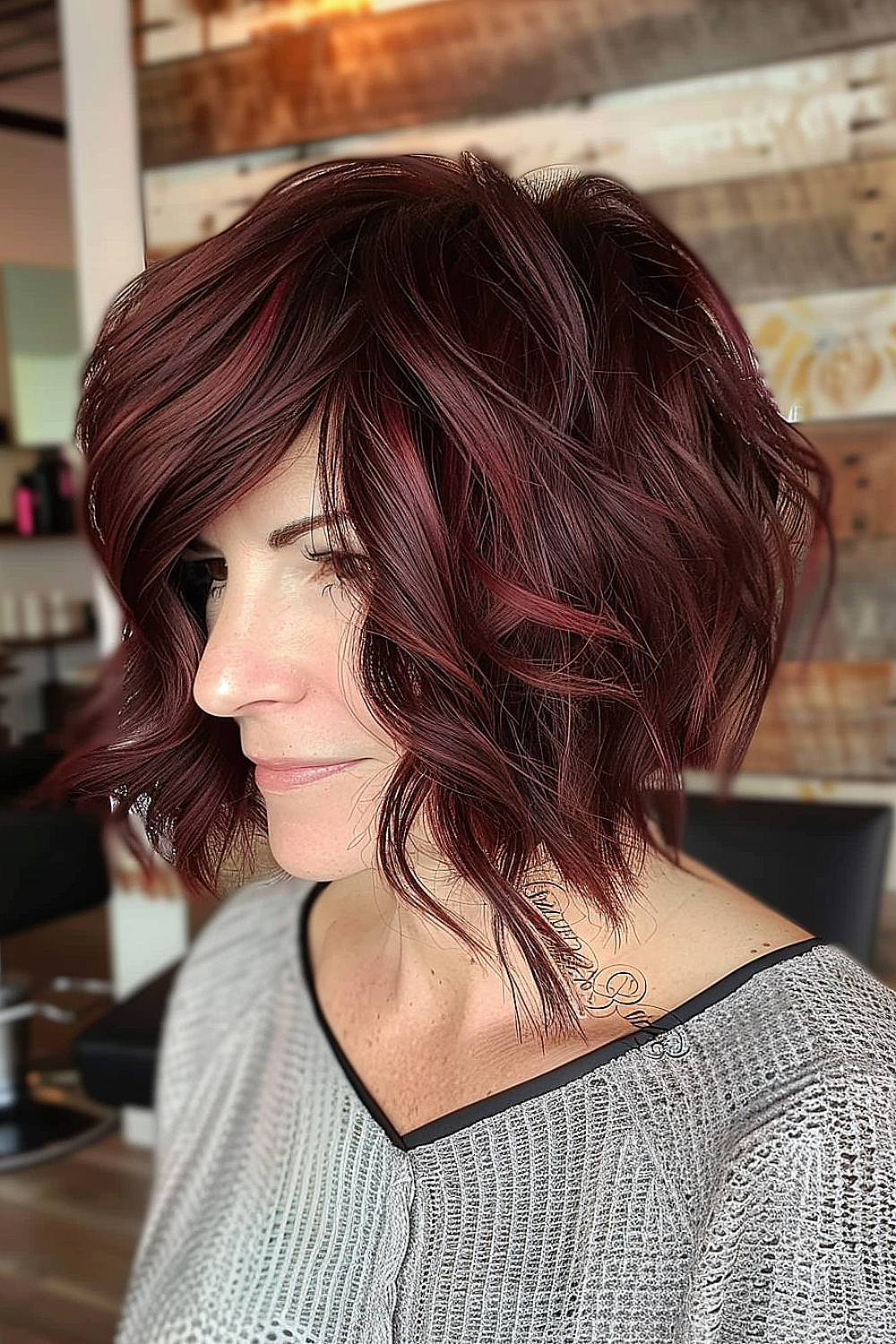 Woman with a rounded textured bob and burgundy hair color