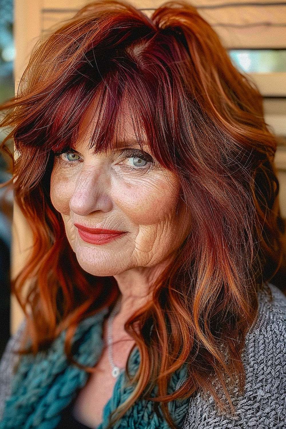 Woman with a rustic red layered cut and soft bangs