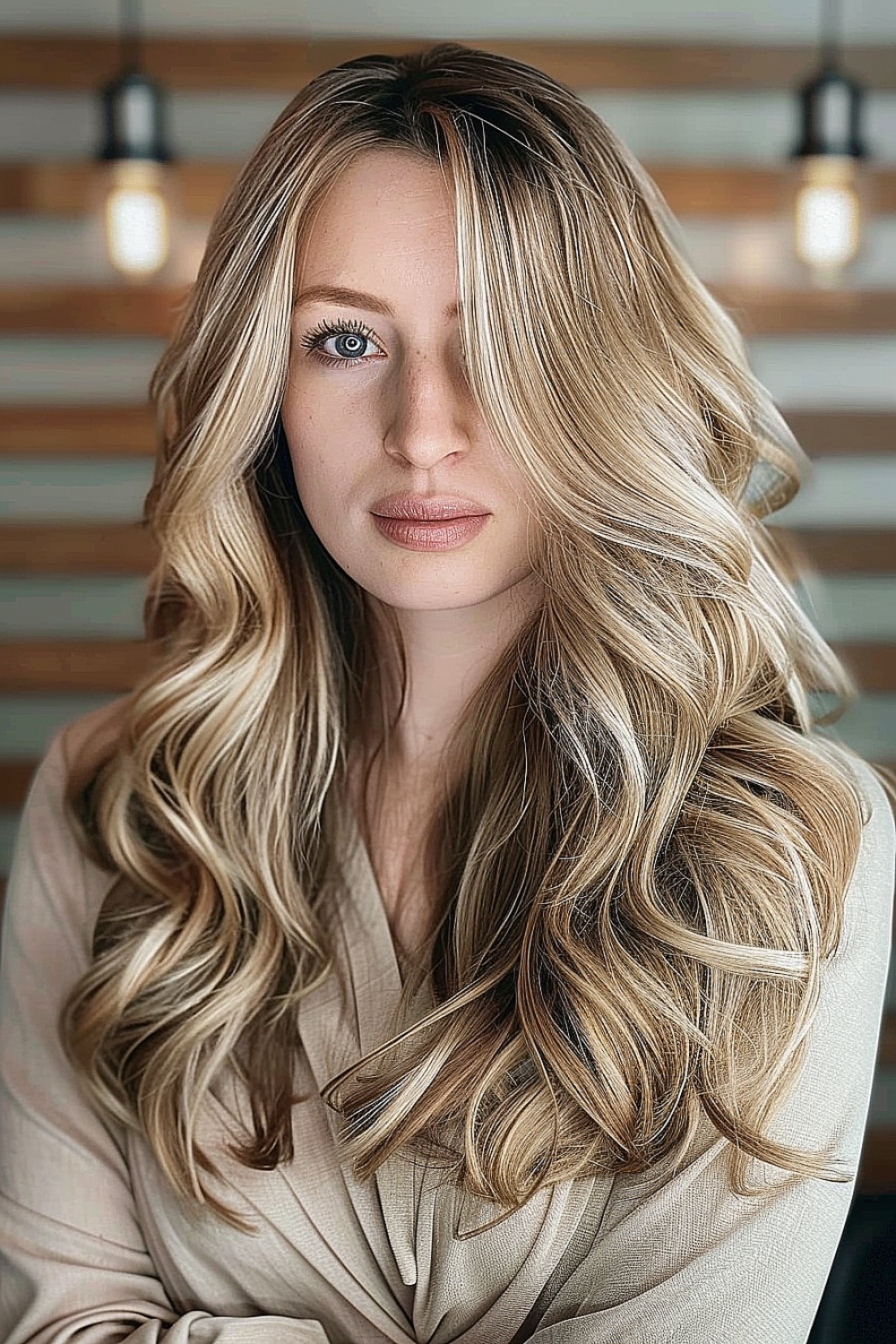 Woman with sandy blonde hair and beach waves