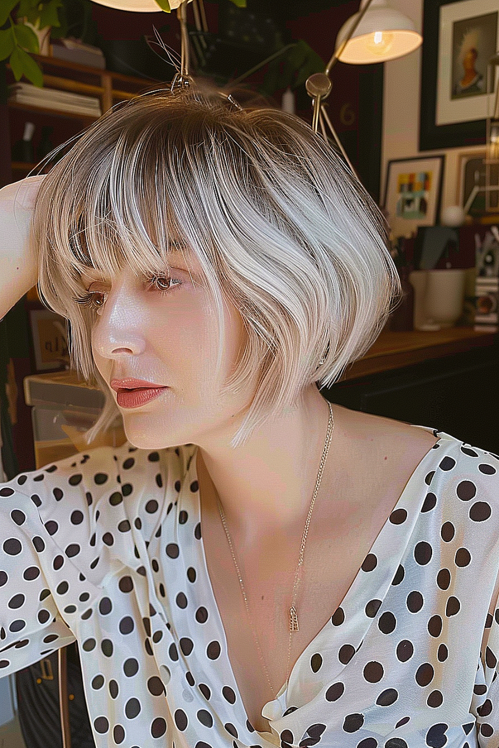 Woman with a sassy layered bob haircut and fringed bangs