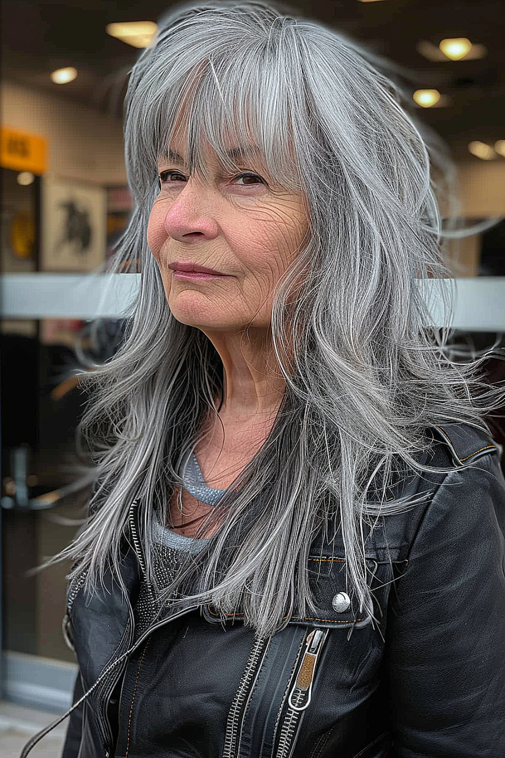 Woman with a salt and pepper shag hairstyle and wispy bangs