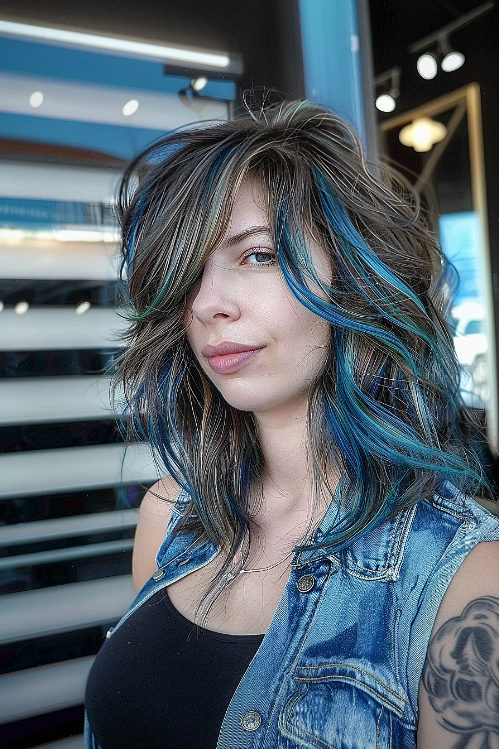 Medium-length shag haircut with textured layers and bold electric blue streaks