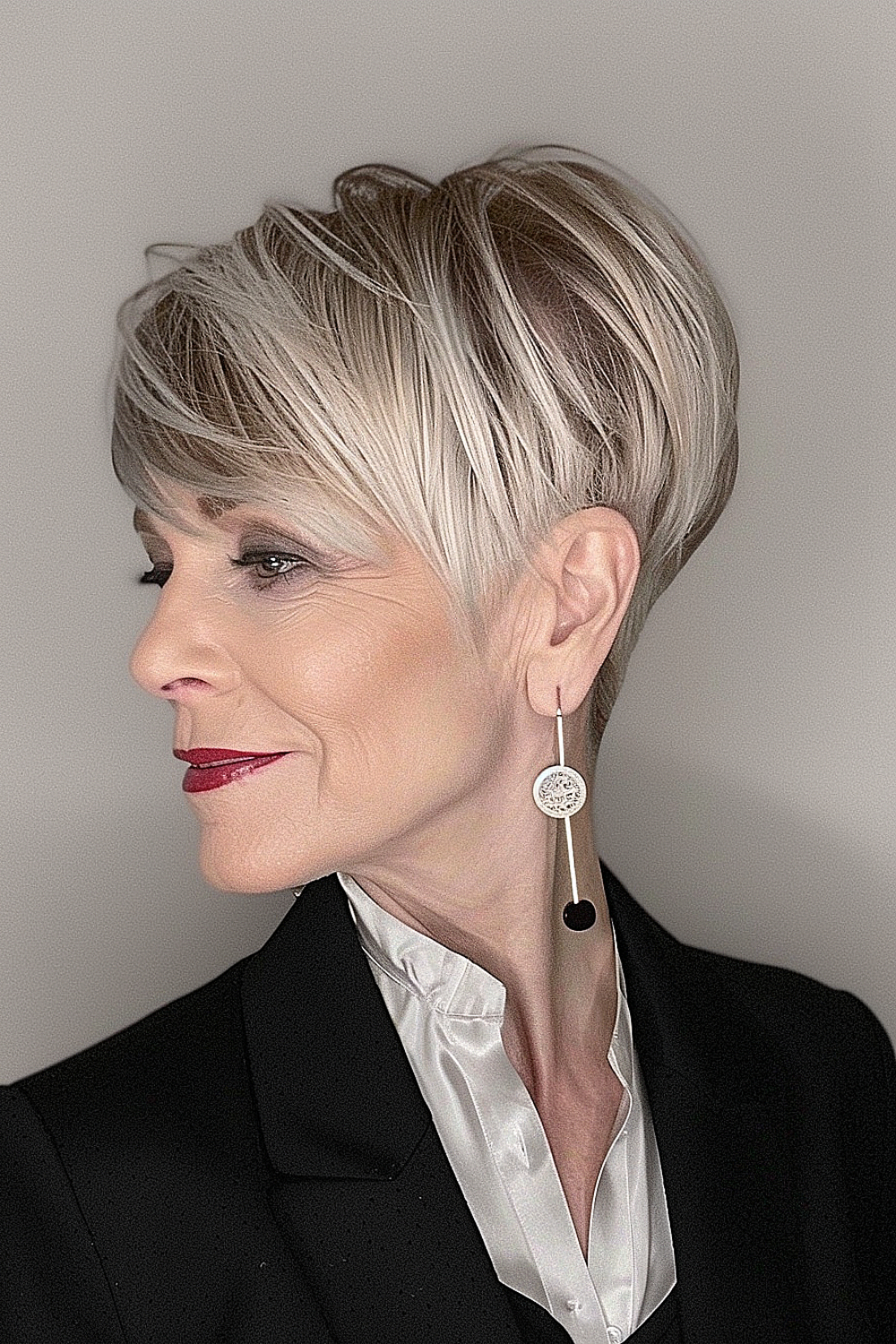 A woman with a sculpted pixie cut and side-swept bangs