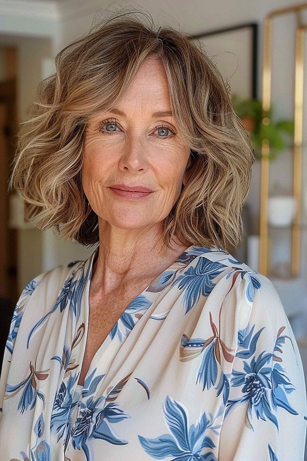 Woman with a soft-waved bob and curtain bangs