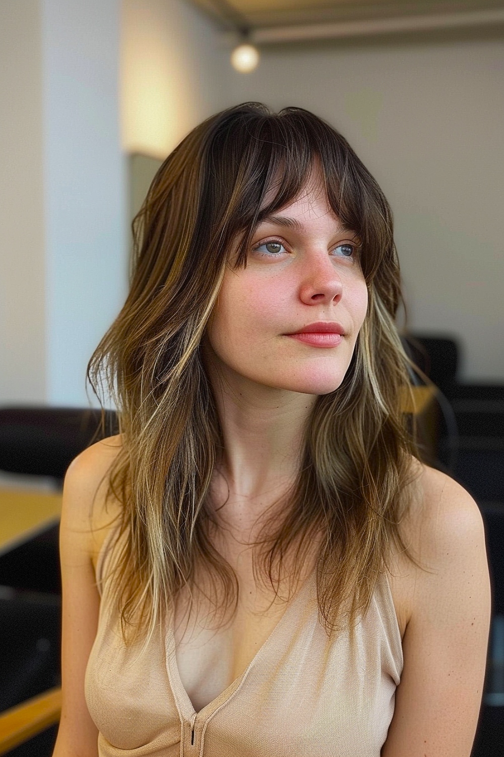 Woman with a shag haircut and curtain bangs