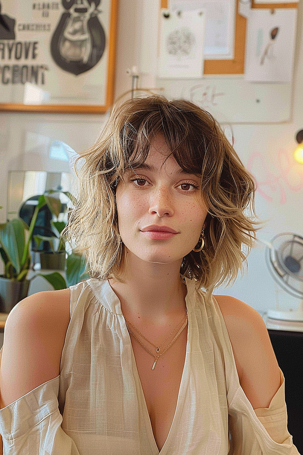 Woman with a tousled shag haircut with soft layers and blonde highlights