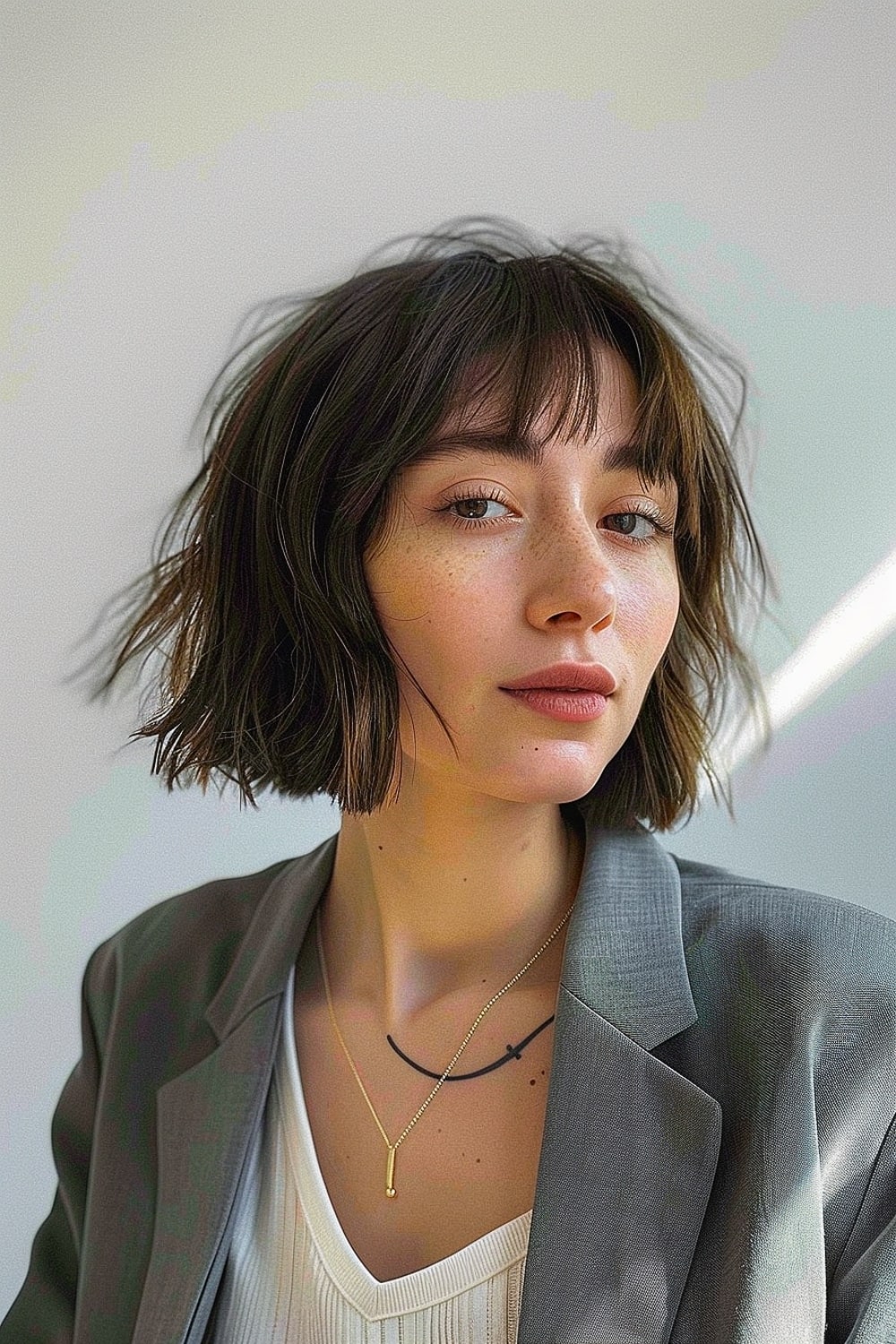 Woman with a shaggy bob haircut and soft fringe