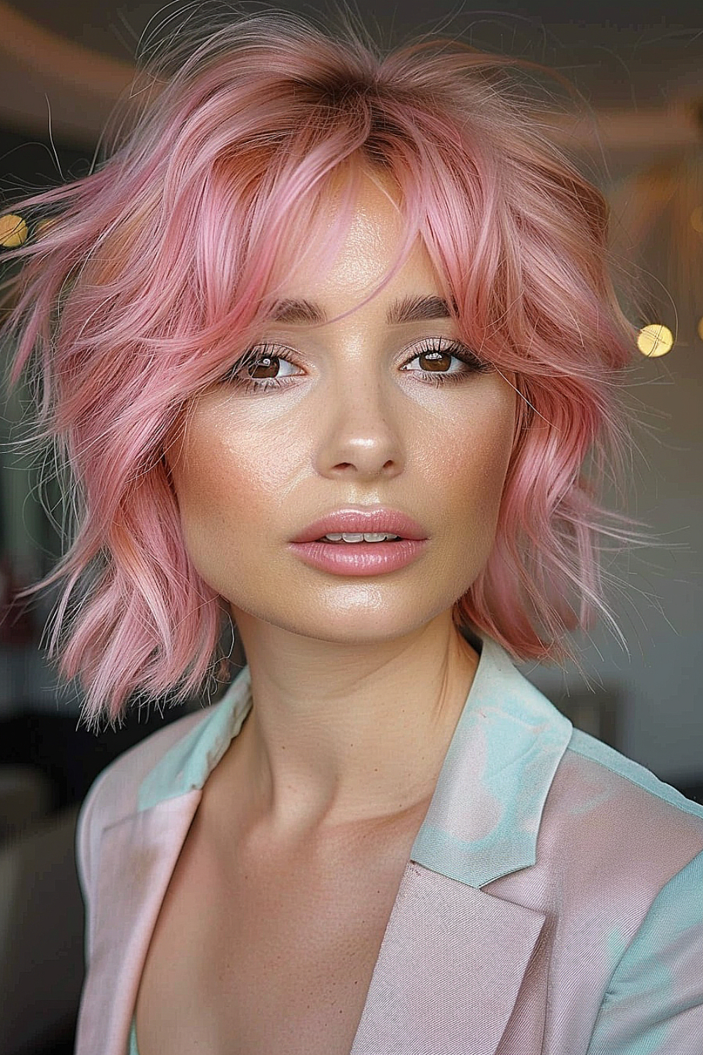 Woman with a shaggy bob styled in soft rose gold, offering a luminous and textured appearance.