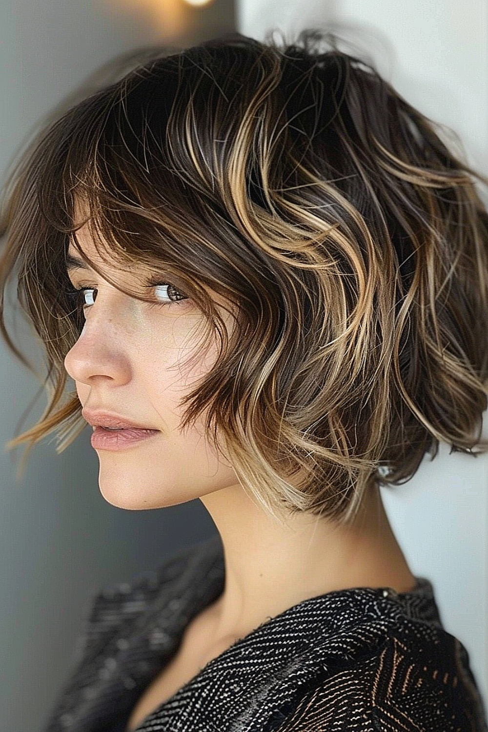 Woman with a shaggy bob featuring balayage highlights, blending natural and lighter tones