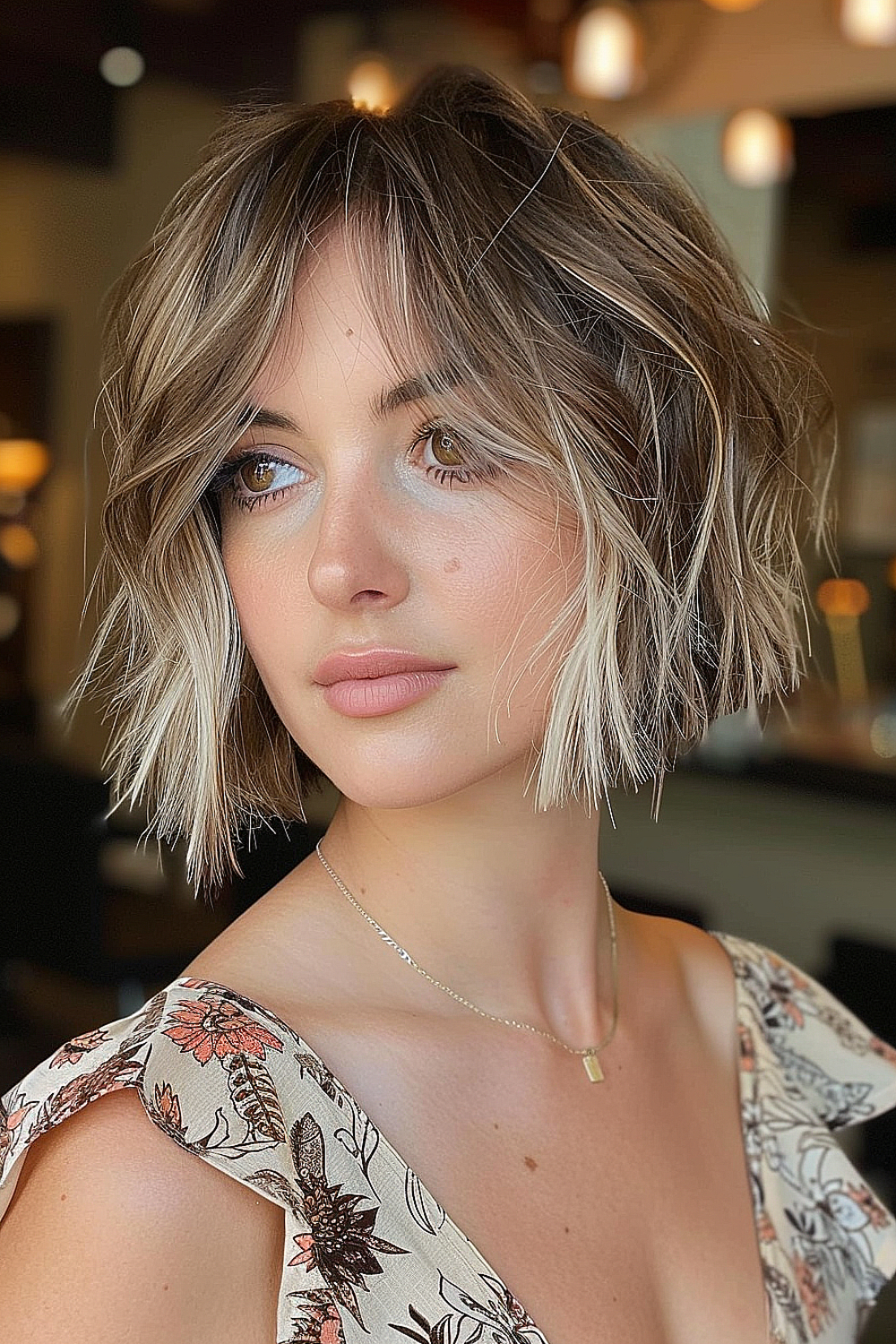 Woman with a shaggy bob cut into choppy layers, perfect for thick hair