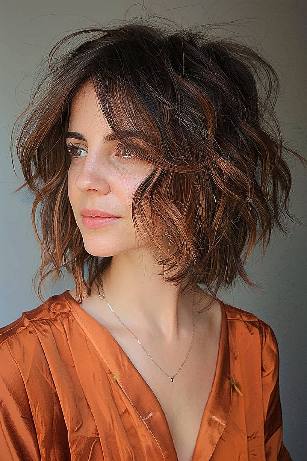 Woman with a shaggy bob, enhanced with copper highlights and styled in undone waves