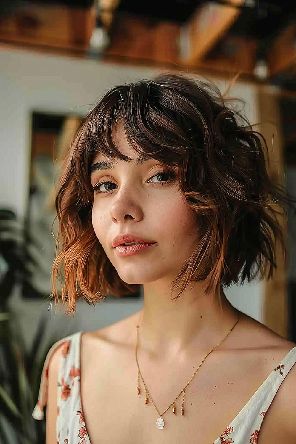 Shaggy bob haircut with copper highlights