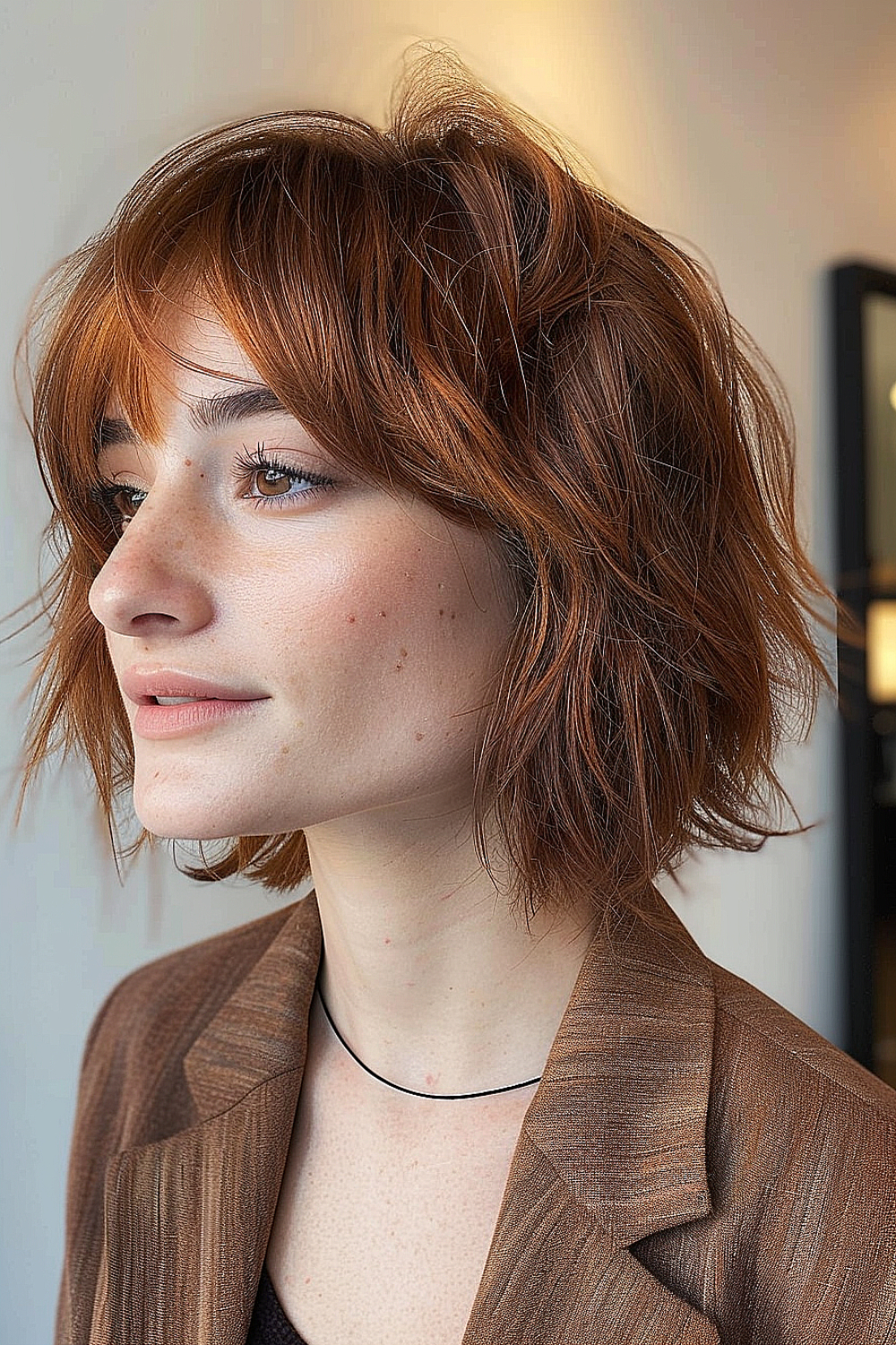 Woman with a shaggy bob in dynamic auburn layers, perfect for an autumn-inspired look