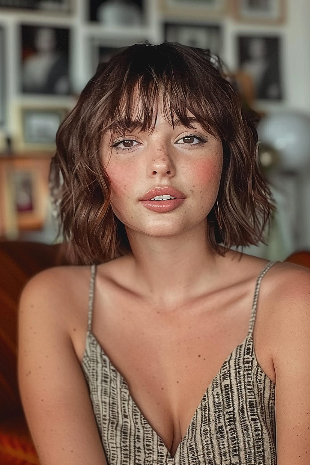 A woman with a shaggy bob, fringe, and subtle highlights for a bohemian look