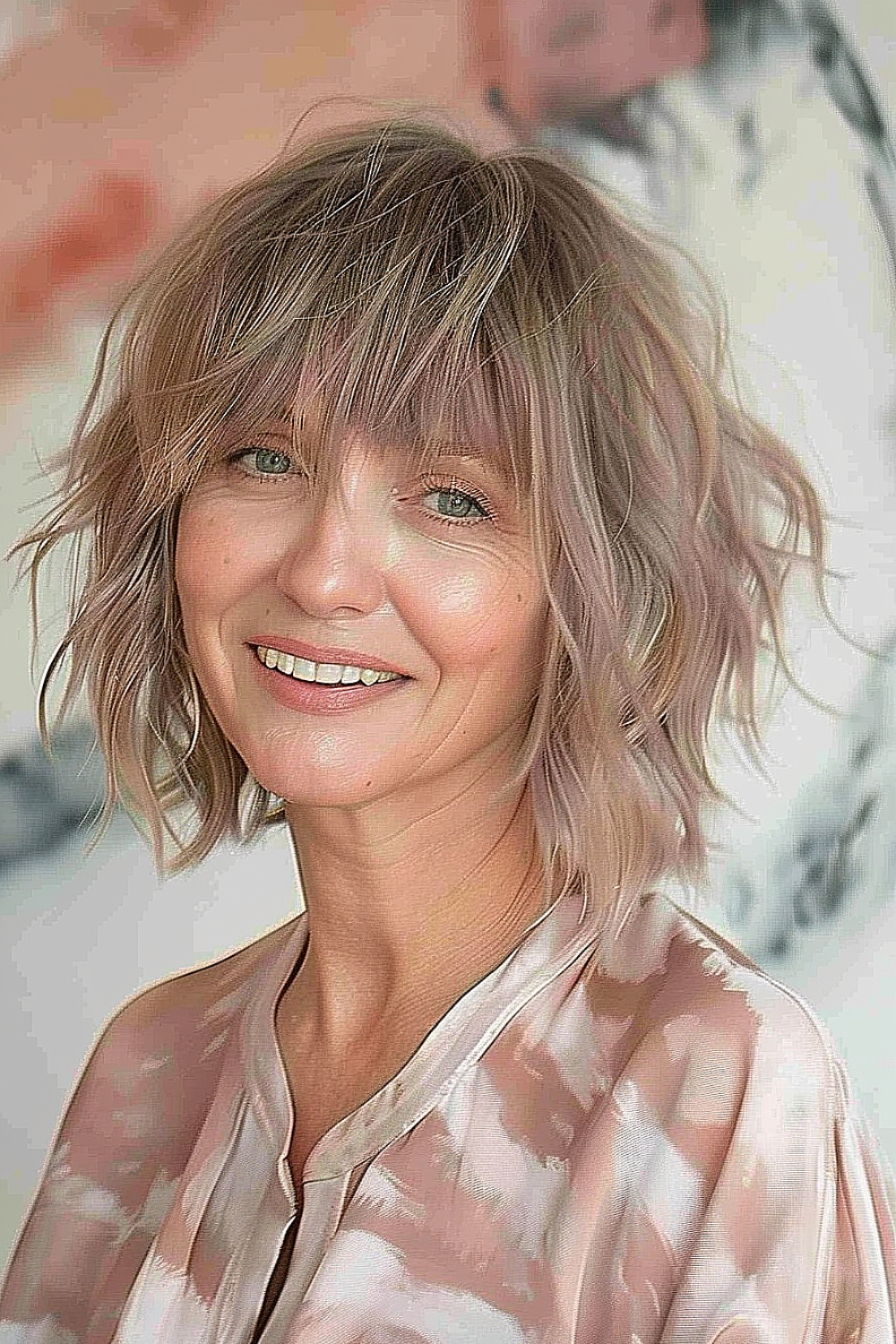 A woman with a shaggy bob in ash blonde, featuring tousled layers and wispy, layered bangs