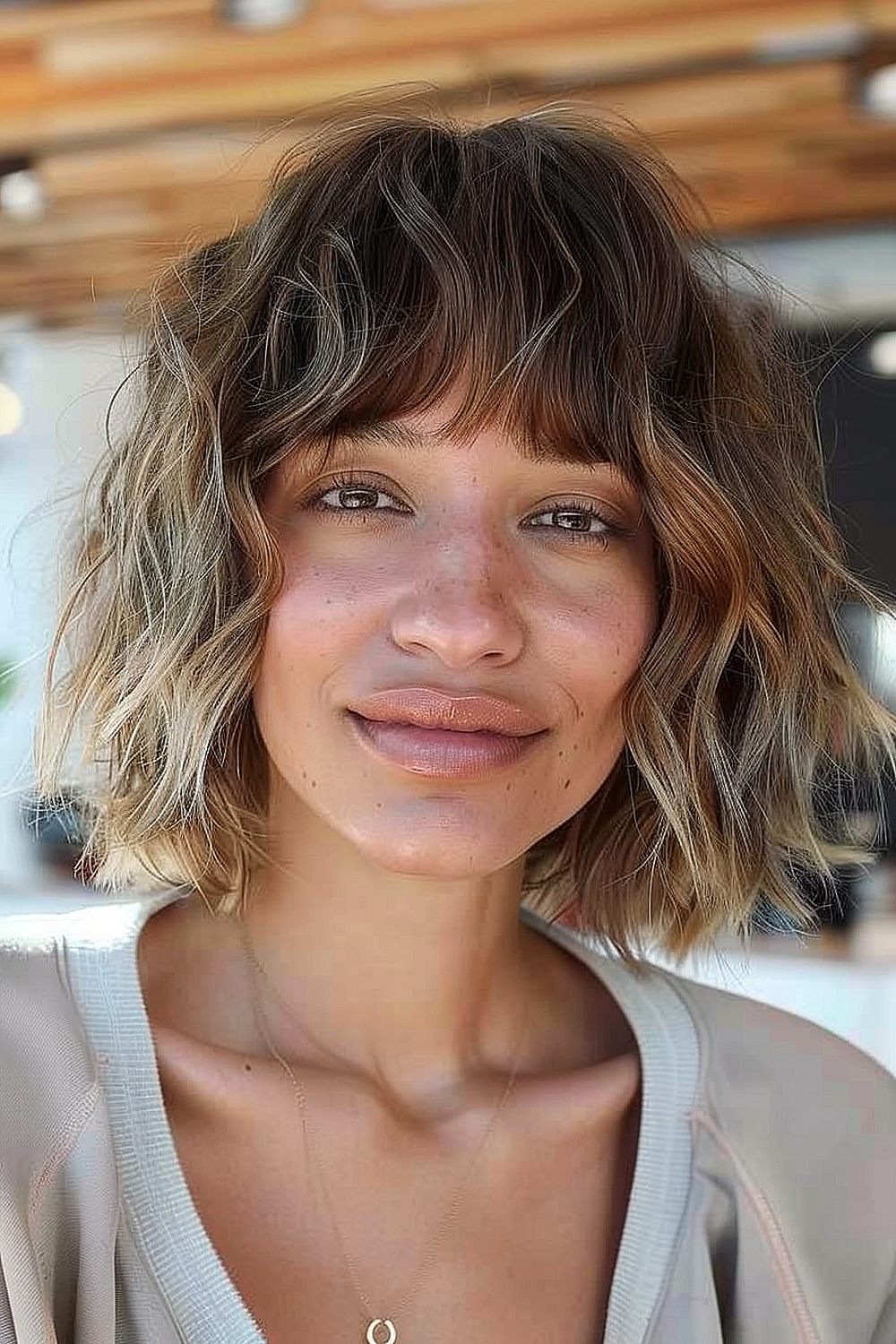 Woman with a shaggy bob and layered bangs, highlighted with a sun-kissed balayage