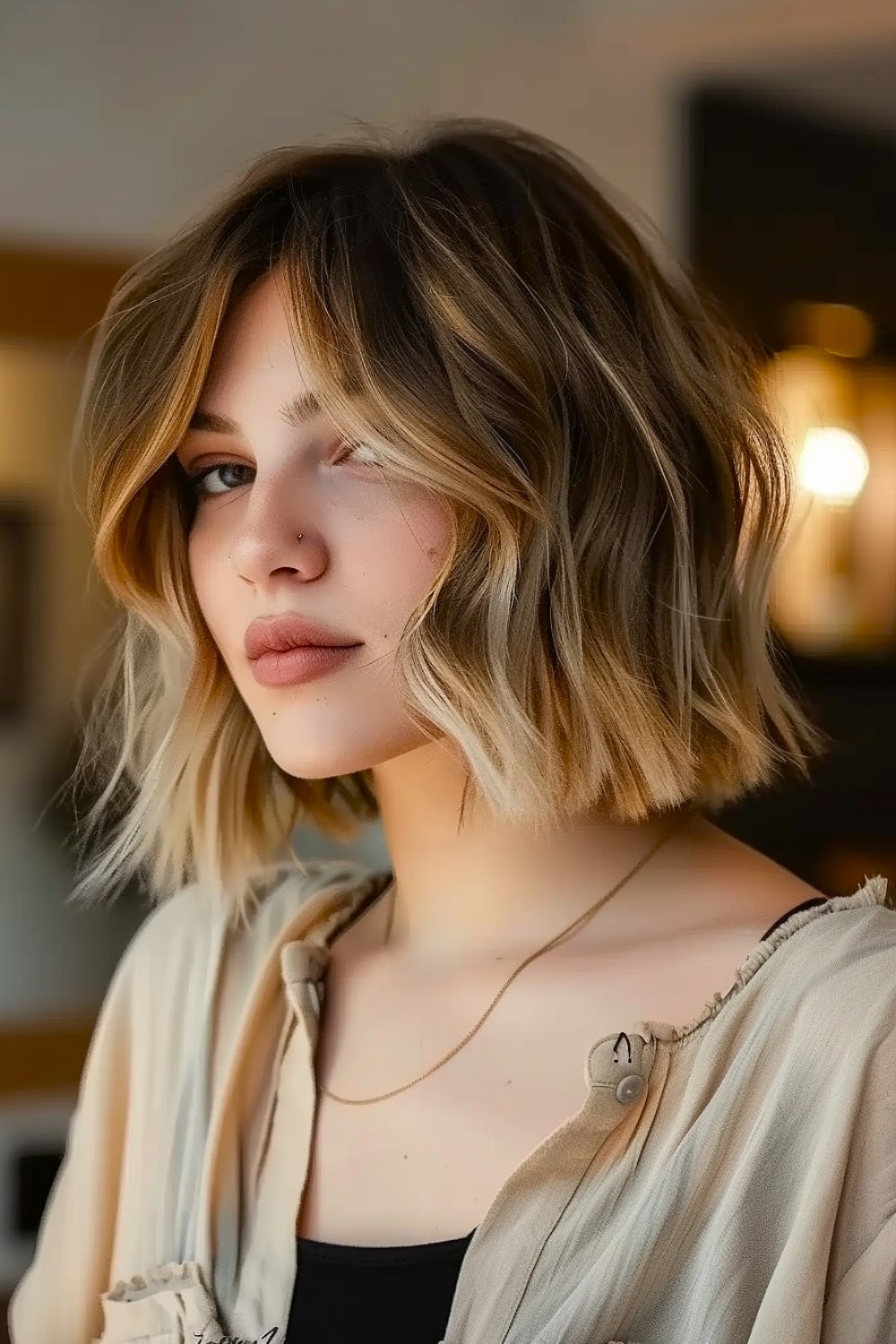 Shaggy bob haircut with soft waves and warm blonde balayage