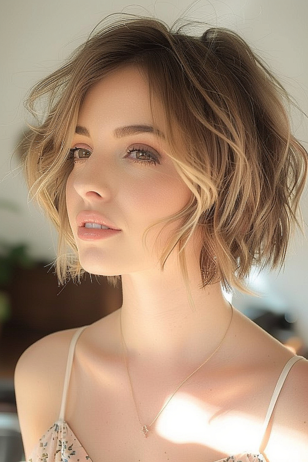 Woman with a shaggy bob styled into soft waves, enhancing volume for thin hair