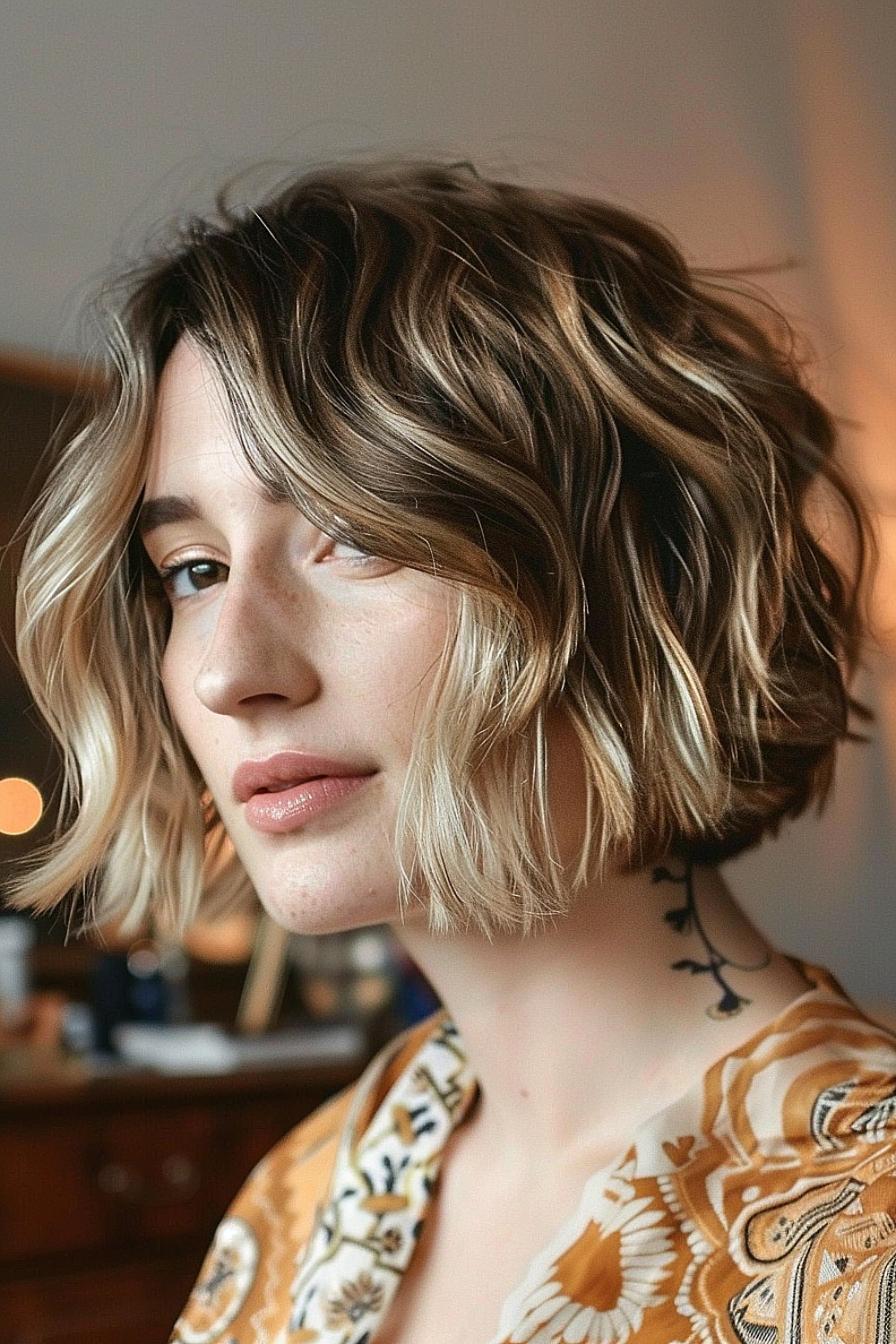 Woman with a shaggy bob haircut and soft waves