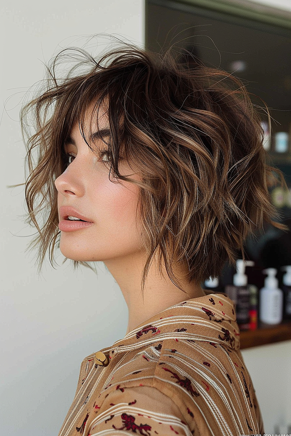 Woman with a shaggy bob featuring tousled texture and subtle highlights for a beachy look