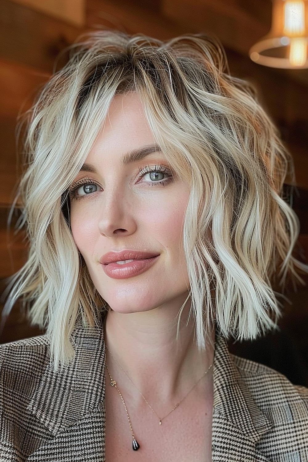 Short shaggy bob hairstyle with platinum blonde undone waves and dark roots