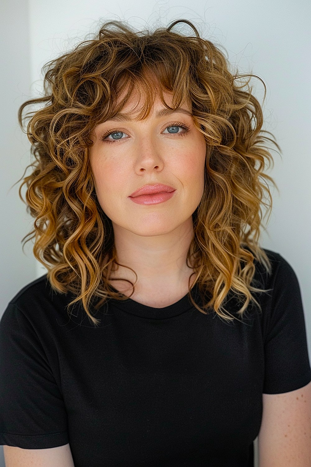 Shaggy curly cut on shoulder-length hai