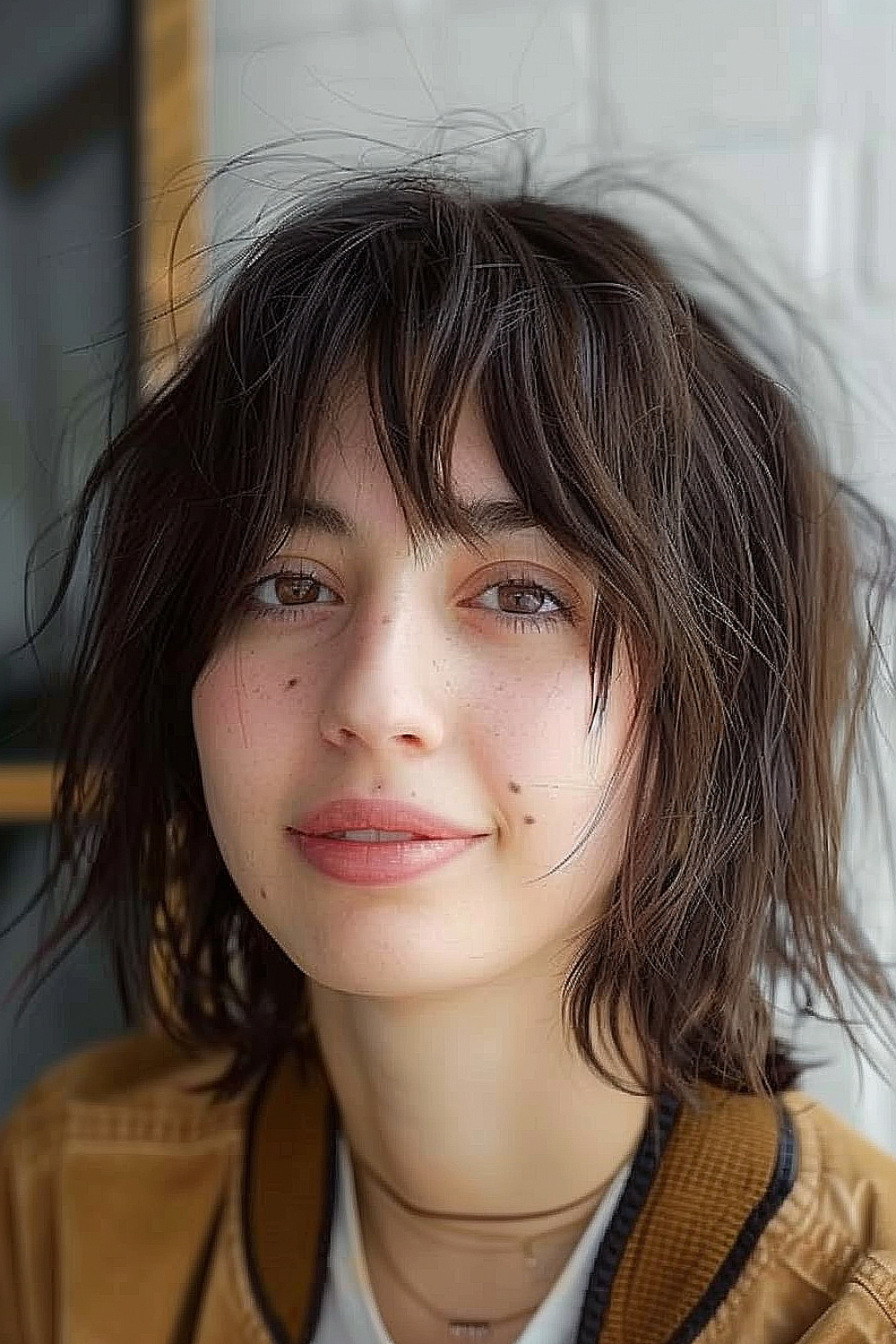 Woman with a shaggy layered bob and bangs