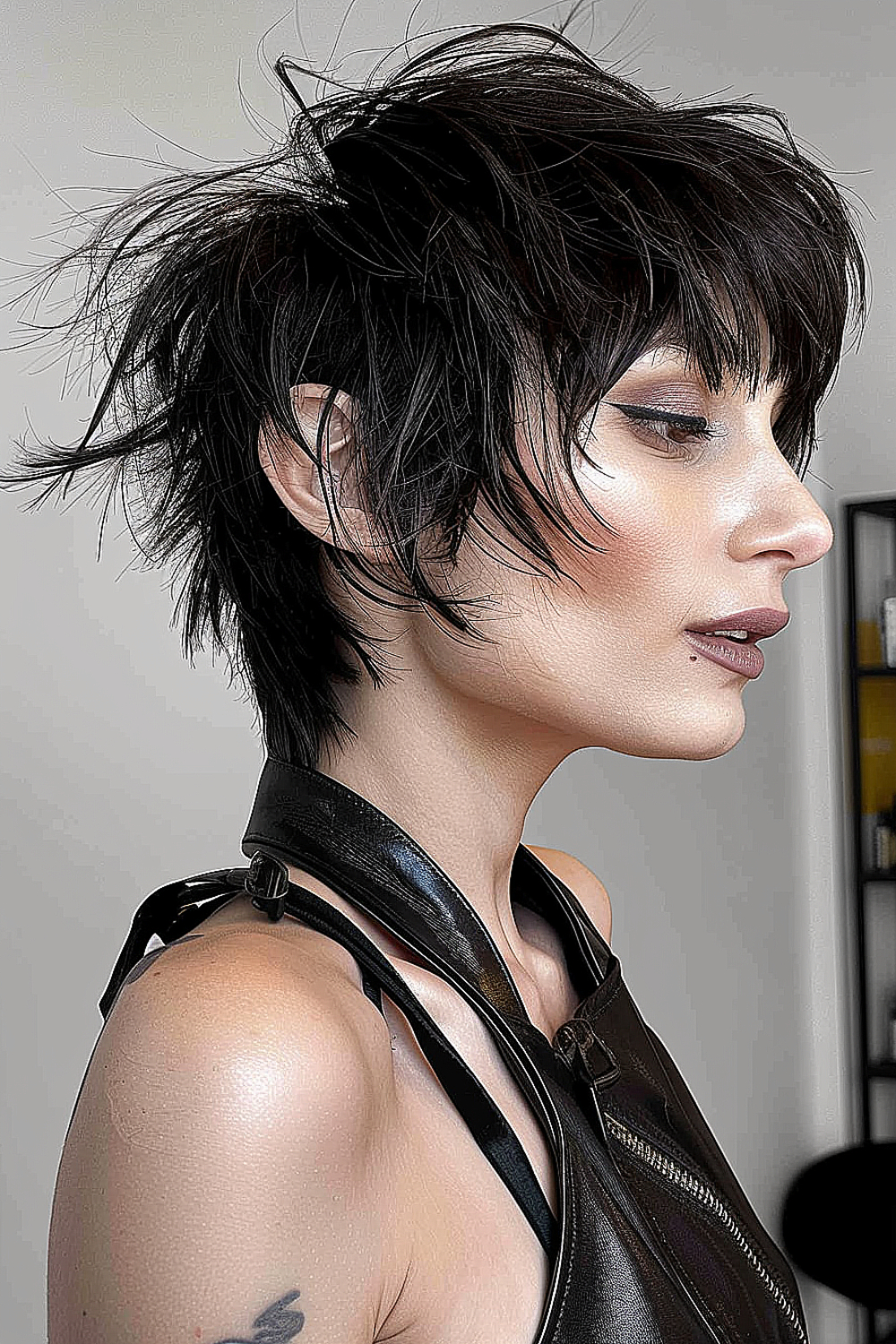 Shaggy pixie haircut with textured layers and an edgy silhouette