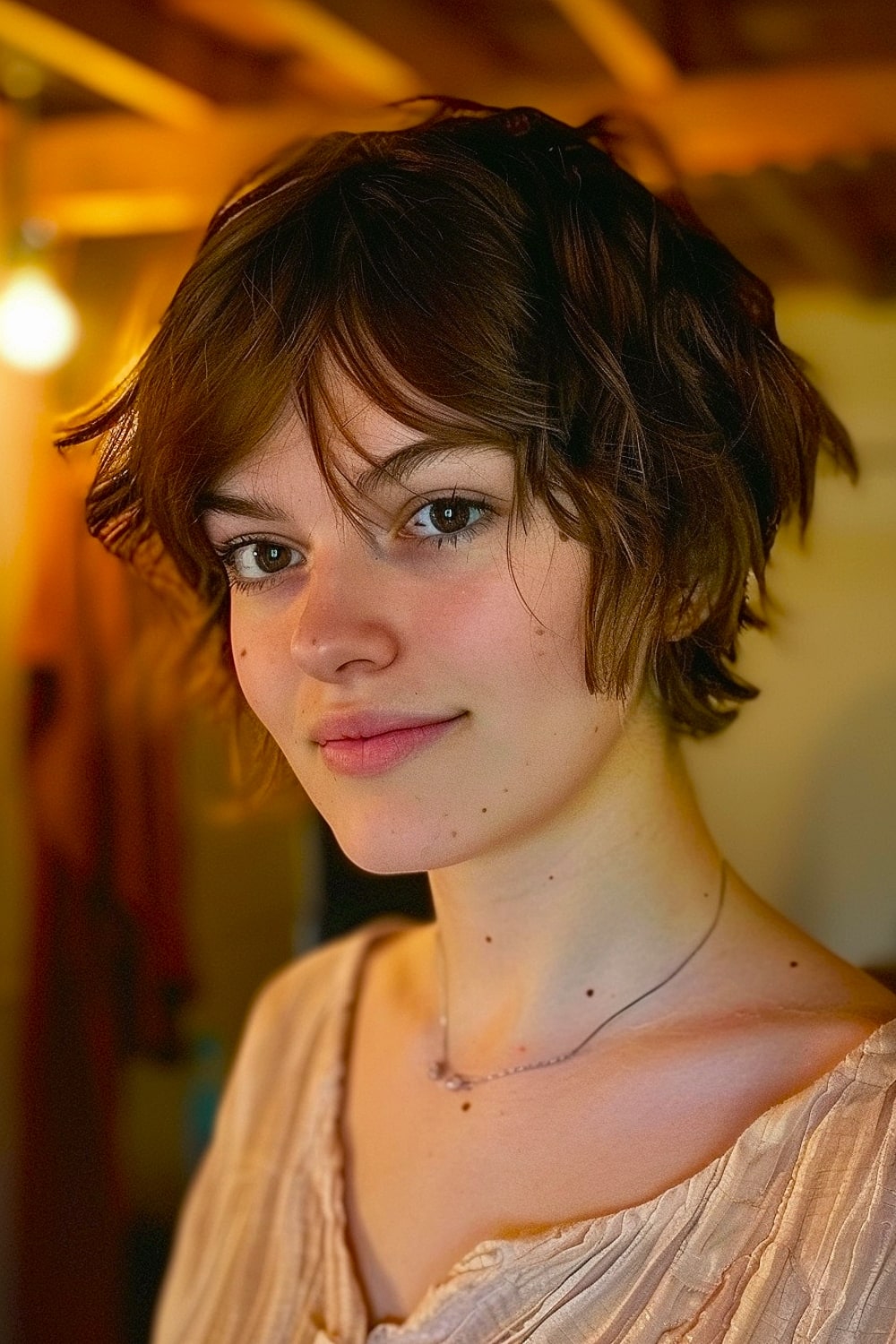 Woman with a shaggy pixie haircut and tousled layers