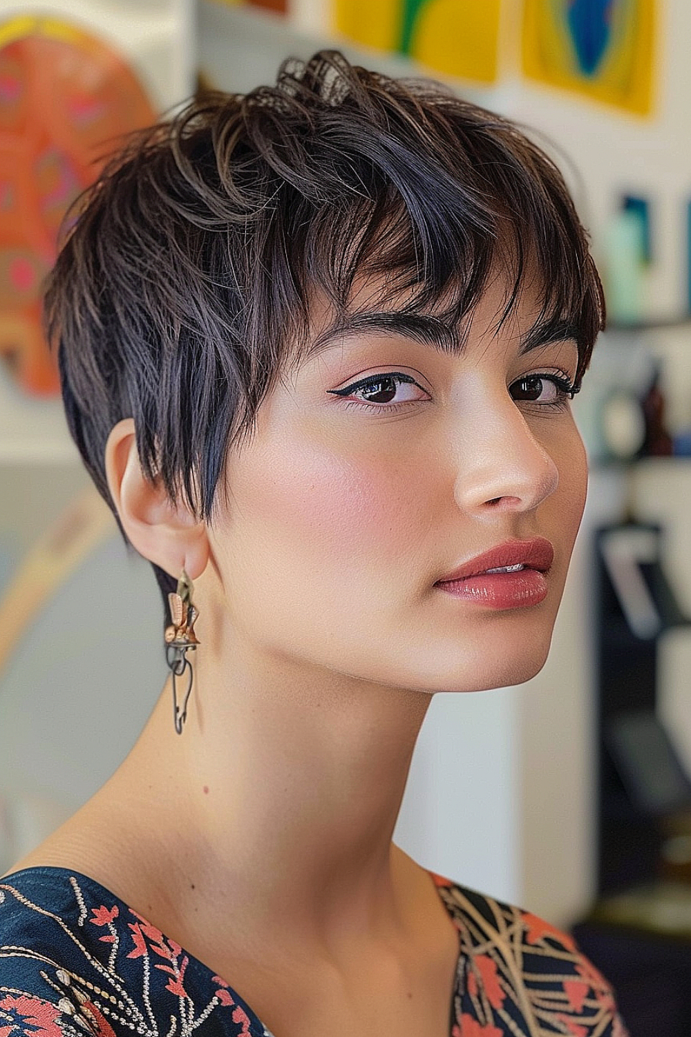 Woman with a shaggy pixie haircut and wispy bangs, enhanced with subtle highlights