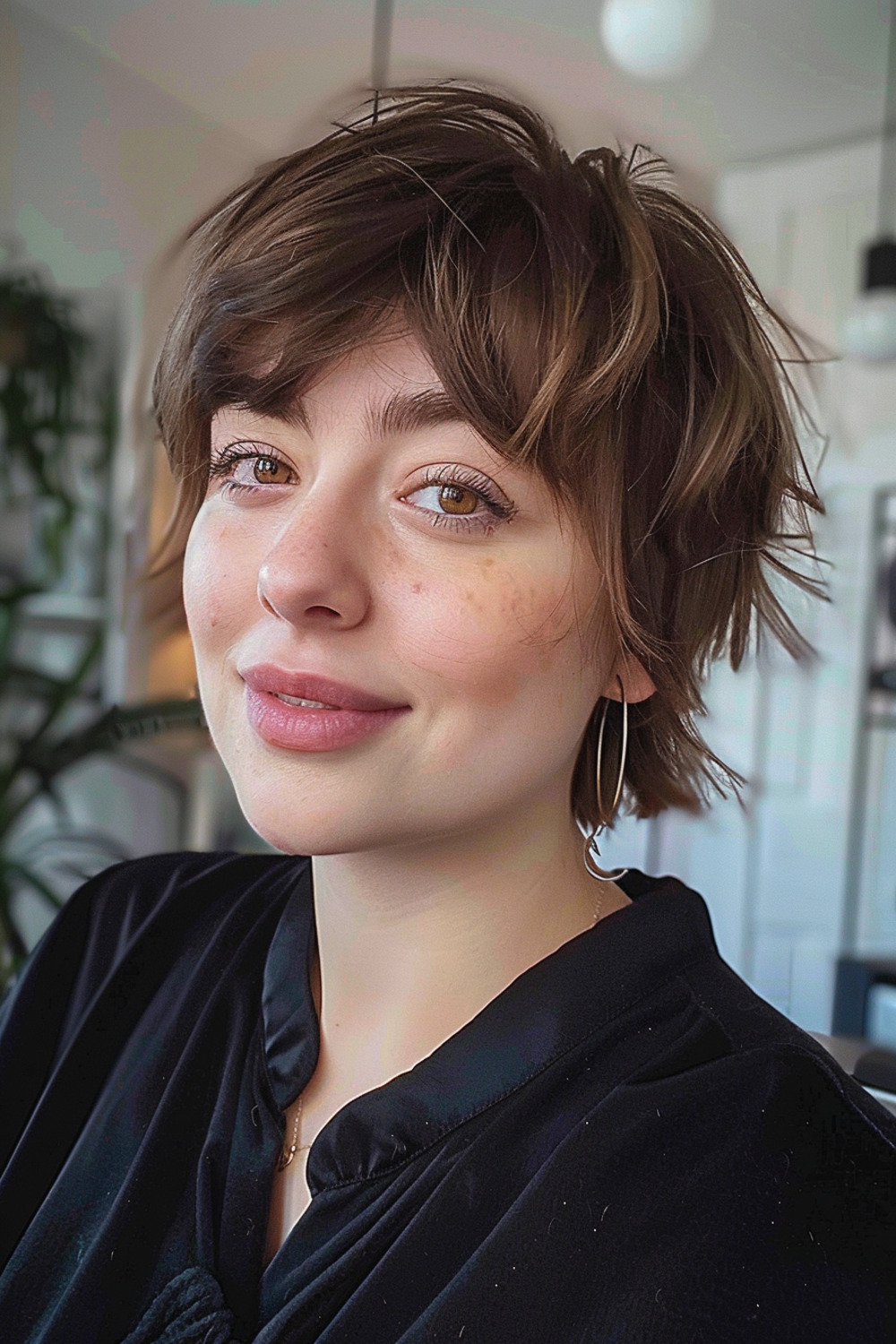 Shaggy pixie haircut with curtain bangs