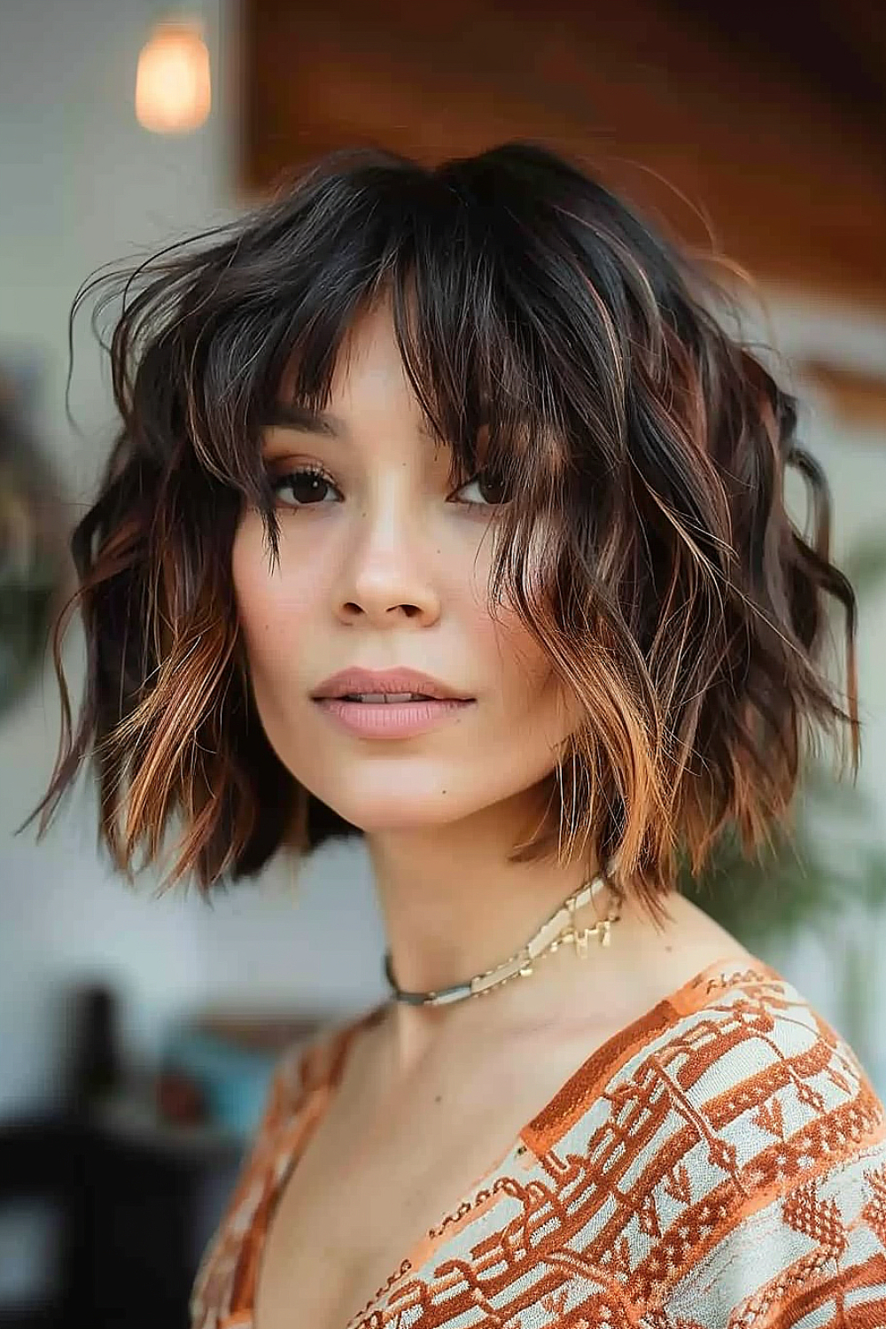 Woman with a shaggy textured bob and auburn highlights