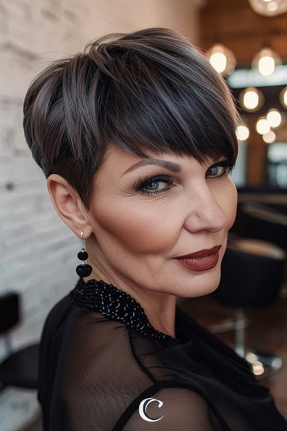 Woman with a sharp pixie cut and angular bangs